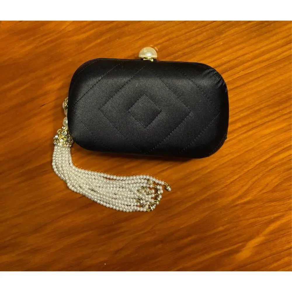 Chanel Vintage Women's Evening Purse Satin/Leather Pearl Embellished A+